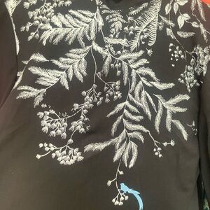 Black Open-Front Blazer with White Botanical Embroidery